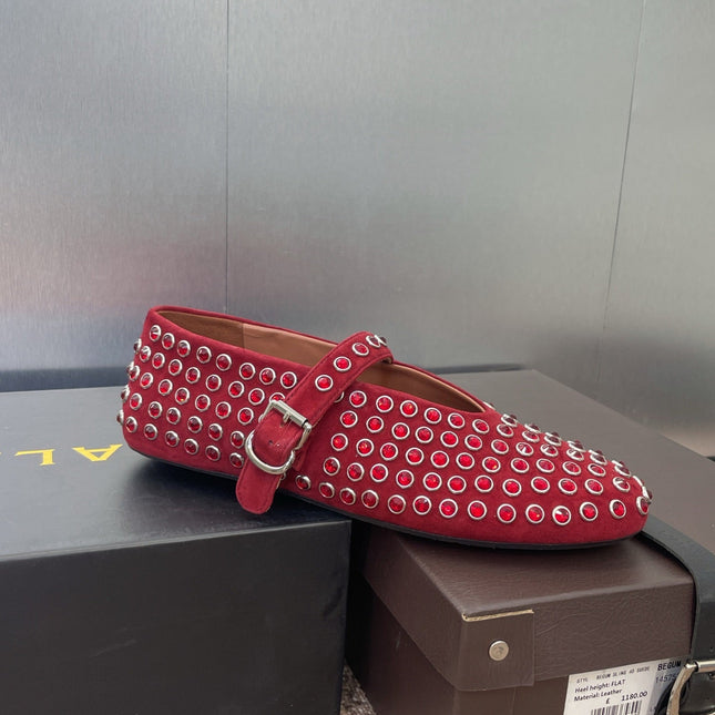 ALAIA MARY JANE FLAT 25S IN DARK RED LAMBSKIN EMBELLISHED WITH CRYSTALS