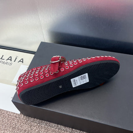 ALAIA MARY JANE FLAT 25S IN DARK RED LAMBSKIN EMBELLISHED WITH CRYSTALS