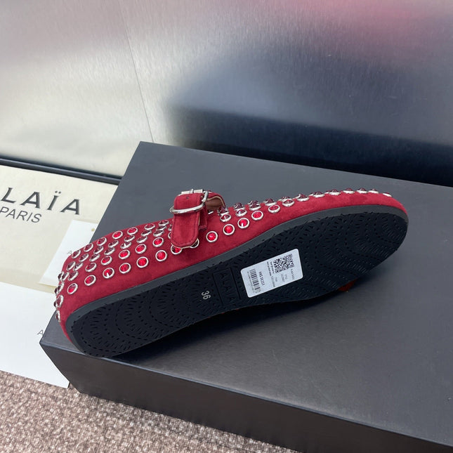 ALAIA MARY JANE FLAT 25S IN DARK RED LAMBSKIN EMBELLISHED WITH CRYSTALS