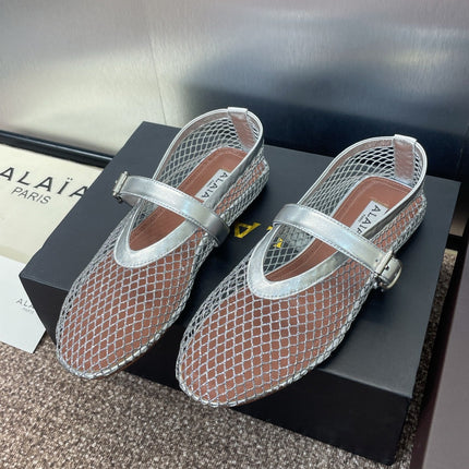 ALAIA MARY JANE FLAT 25S IN SILVER MESH CALFSKIN