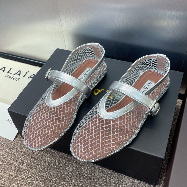 ALAIA MARY JANE FLAT 25S IN SILVER MESH CALFSKIN
