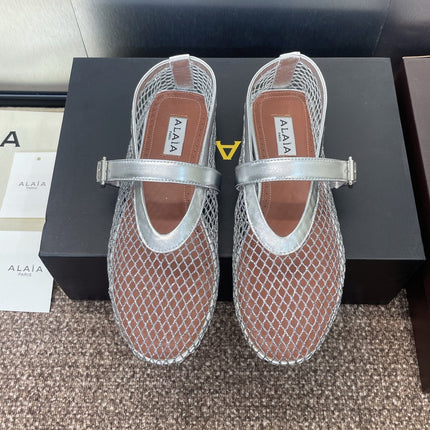 ALAIA MARY JANE FLAT 25S IN SILVER MESH CALFSKIN