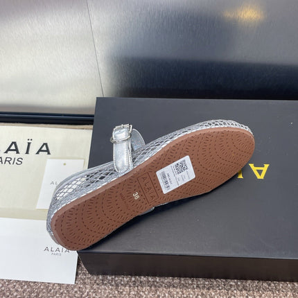 ALAIA MARY JANE FLAT 25S IN SILVER MESH CALFSKIN