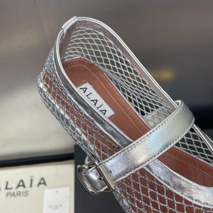 ALAIA MARY JANE FLAT 25S IN SILVER MESH CALFSKIN