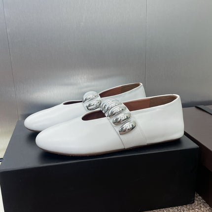 ALAIA MARY JANE FLATS 25S IN WHITE CALFSKIN WITH SILVER HARDWARE