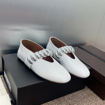 ALAIA MARY JANE FLATS 25S IN WHITE CALFSKIN WITH SILVER HARDWARE