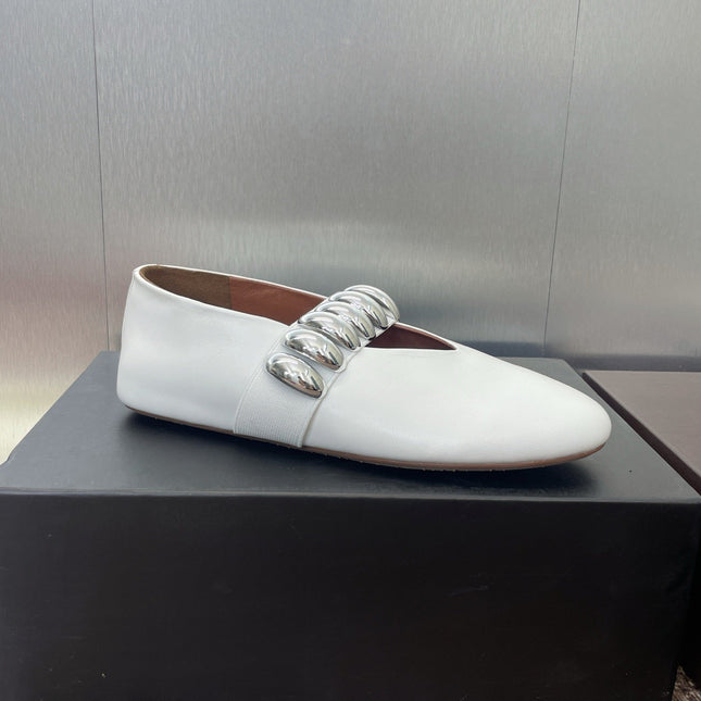 ALAIA MARY JANE FLATS 25S IN WHITE CALFSKIN WITH SILVER HARDWARE