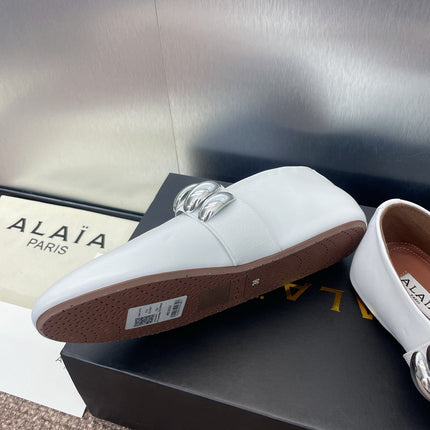 ALAIA MARY JANE FLATS 25S IN WHITE CALFSKIN WITH SILVER HARDWARE