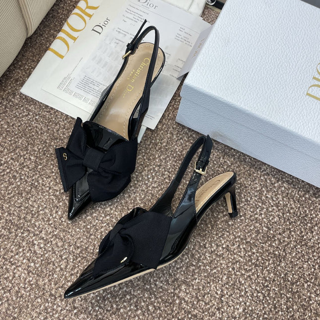 DIOR 25S SLINGBACK PUMP 55MM IN BLACK PATENT CALFSKIN AND GROSGRAIN