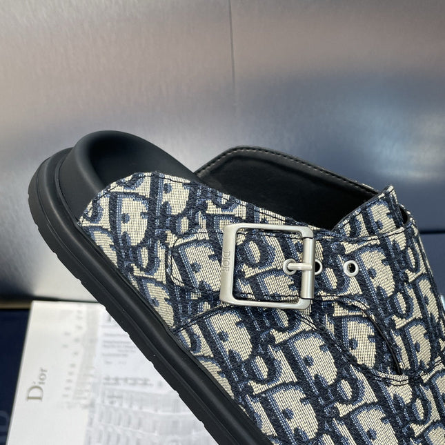 DIOR 25S AQUA MULES WITH OBLIQUE PATTERN IN DEEP BLUE CANVAS