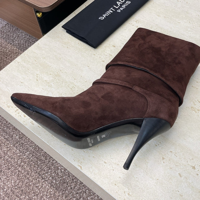 YSL 25S NIKI POINTED-HEEL ANKLE BOOTS 95 MM IN DARK BROWN SUEDE WITH GOLD HARDWARE