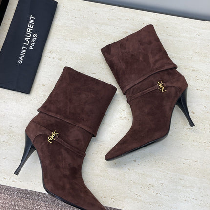 YSL 25S NIKI POINTED-HEEL ANKLE BOOTS 95 MM IN DARK BROWN SUEDE WITH GOLD HARDWARE