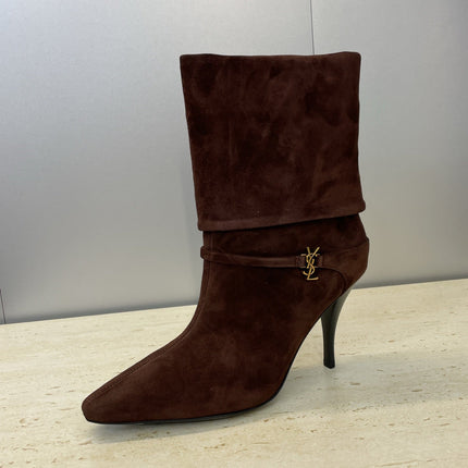 YSL 25S NIKI POINTED-HEEL ANKLE BOOTS 95 MM IN DARK BROWN SUEDE WITH GOLD HARDWARE