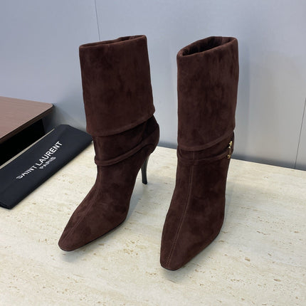 YSL 25S NIKI POINTED-HEEL ANKLE BOOTS 95 MM IN DARK BROWN SUEDE WITH GOLD HARDWARE