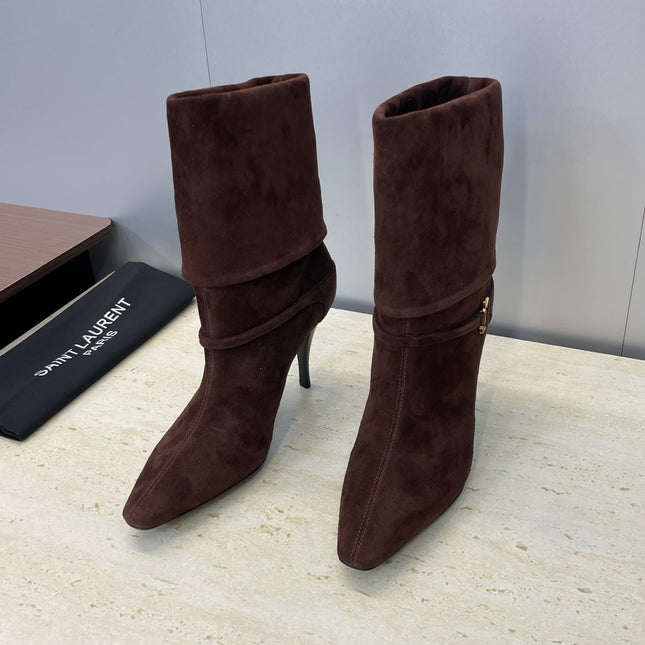 YSL 25S NIKI POINTED-HEEL ANKLE BOOTS 95 MM IN DARK BROWN SUEDE WITH GOLD HARDWARE