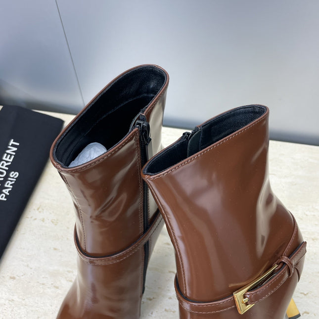 YSL 25S POINTED-TOE HIGH-HEEL ANKLE BOOTS 95 MM IN BROWN LAMBSKIN WITH GOLD HARDWARE