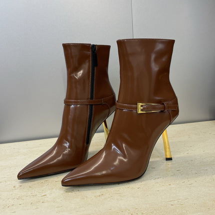 YSL 25S POINTED-TOE HIGH-HEEL ANKLE BOOTS 95 MM IN BROWN LAMBSKIN WITH GOLD HARDWARE