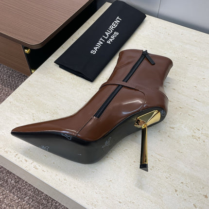 YSL 25S POINTED-TOE HIGH-HEEL ANKLE BOOTS 95 MM IN BROWN LAMBSKIN WITH GOLD HARDWARE