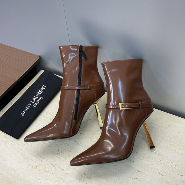 YSL 25S POINTED-TOE HIGH-HEEL ANKLE BOOTS 95 MM IN BROWN LAMBSKIN WITH GOLD HARDWARE