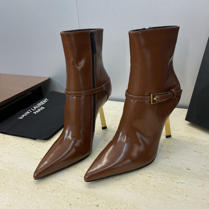 YSL 25S POINTED-TOE HIGH-HEEL ANKLE BOOTS 95 MM IN BROWN LAMBSKIN WITH GOLD HARDWARE