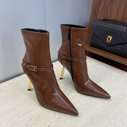 YSL 25S POINTED-TOE HIGH-HEEL ANKLE BOOTS 95 MM IN BROWN LAMBSKIN WITH GOLD HARDWARE