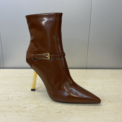 YSL 25S POINTED-TOE HIGH-HEEL ANKLE BOOTS 95 MM IN BROWN LAMBSKIN WITH GOLD HARDWARE