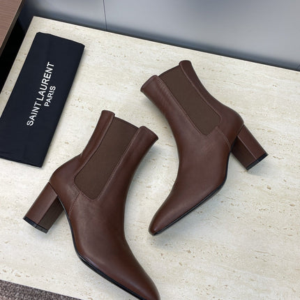 YSL 25S HEELED ANKLE BOOTS 70 MM IN DARK BROWN SMOOTH LAMBSKIN