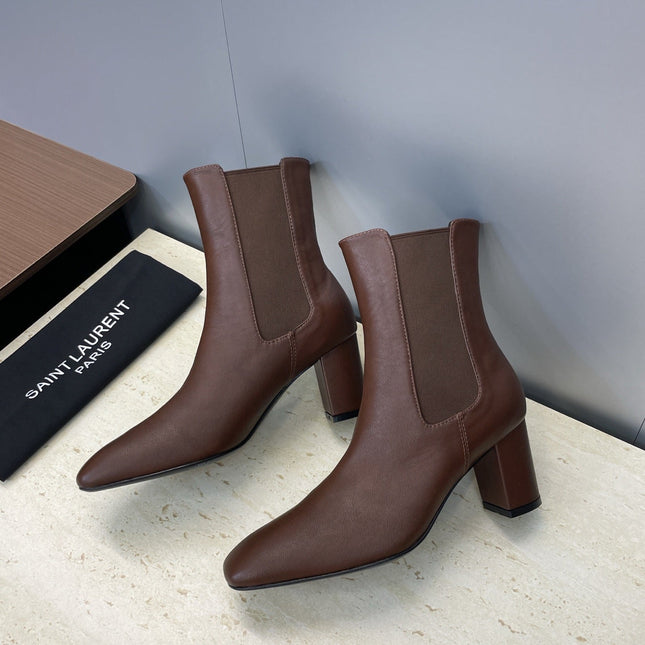 YSL 25S HEELED ANKLE BOOTS 70 MM IN DARK BROWN SMOOTH LAMBSKIN