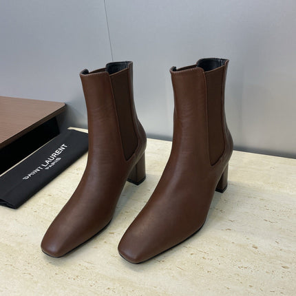 YSL 25S HEELED ANKLE BOOTS 70 MM IN DARK BROWN SMOOTH LAMBSKIN