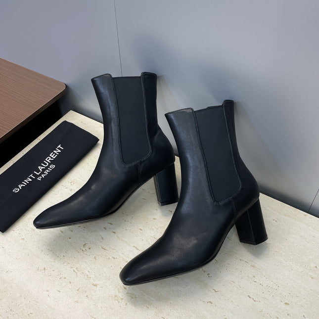 YSL 25S HEELED ANKLE BOOTS 70 MM IN BLACK SMOOTH LAMBSKIN