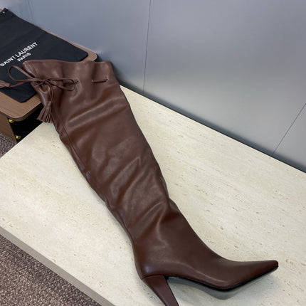 YSL 25S HIGH‑HEEL FRINGED MARTIN BOOTS 90 MM IN DARK BROWN LAMBSKIN