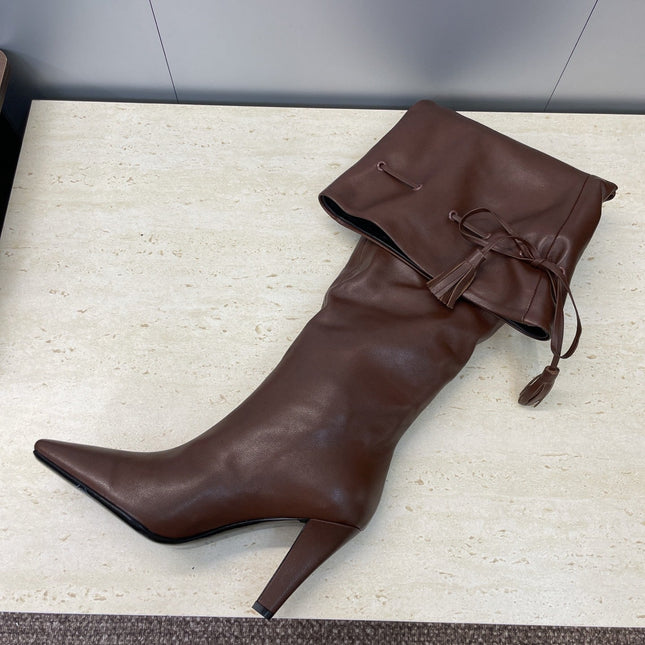 YSL 25S HIGH‑HEEL FRINGED MARTIN BOOTS 90 MM IN DARK BROWN LAMBSKIN