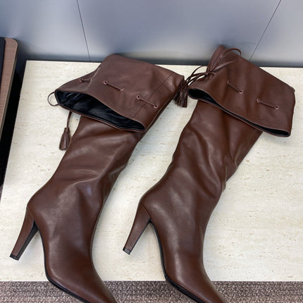 YSL 25S HIGH‑HEEL FRINGED MARTIN BOOTS 90 MM IN DARK BROWN LAMBSKIN