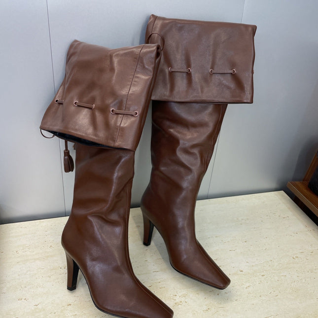 YSL 25S HIGH‑HEEL FRINGED MARTIN BOOTS 90 MM IN DARK BROWN LAMBSKIN