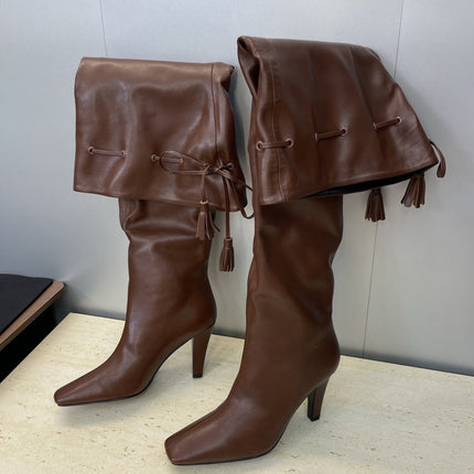 YSL 25S HIGH‑HEEL FRINGED MARTIN BOOTS 90 MM IN DARK BROWN LAMBSKIN