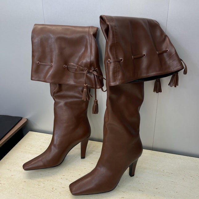 YSL 25S HIGH‑HEEL FRINGED MARTIN BOOTS 90 MM IN DARK BROWN LAMBSKIN