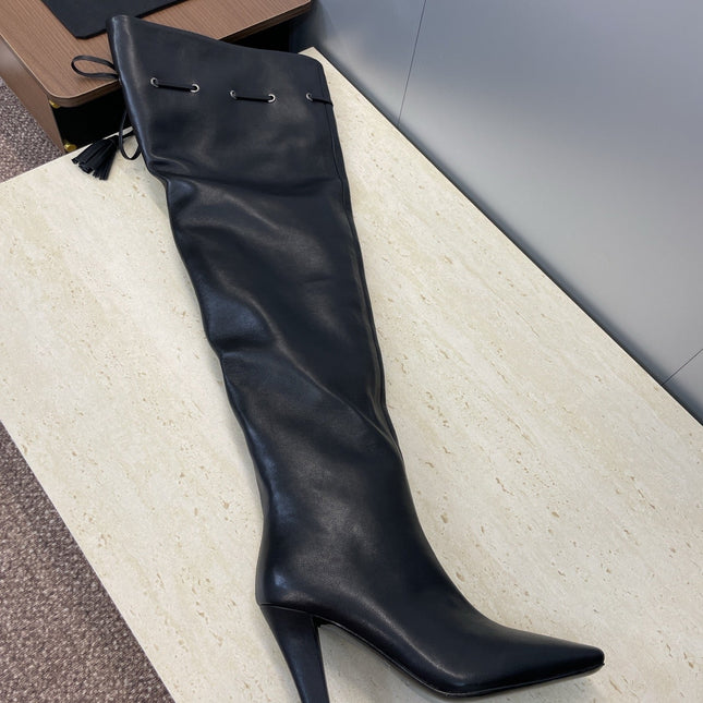 YSL 25S HIGH‑HEEL FRINGED MARTIN BOOTS 90 MM IN BLACK LAMBSKIN