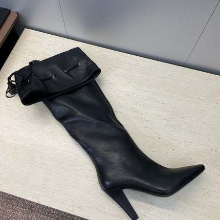 YSL 25S HIGH‑HEEL FRINGED MARTIN BOOTS 90 MM IN BLACK LAMBSKIN