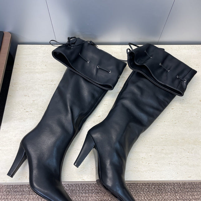 YSL 25S HIGH‑HEEL FRINGED MARTIN BOOTS 90 MM IN BLACK LAMBSKIN