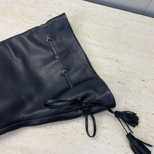 YSL 25S HIGH‑HEEL FRINGED MARTIN BOOTS 90 MM IN BLACK LAMBSKIN