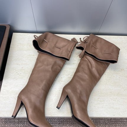 YSL 25S HIGH‑HEEL FRINGED MARTIN BOOTS 90 MM IN CHESTNUT BROWN LAMBSKIN