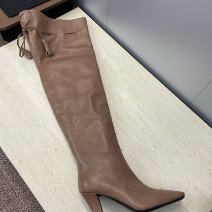 YSL 25S HIGH‑HEEL FRINGED MARTIN BOOTS 90 MM IN CHESTNUT BROWN LAMBSKIN