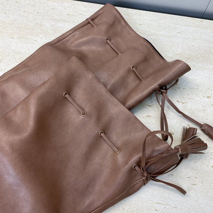 YSL 25S HIGH‑HEEL FRINGED MARTIN BOOTS 90 MM IN CHESTNUT BROWN LAMBSKIN