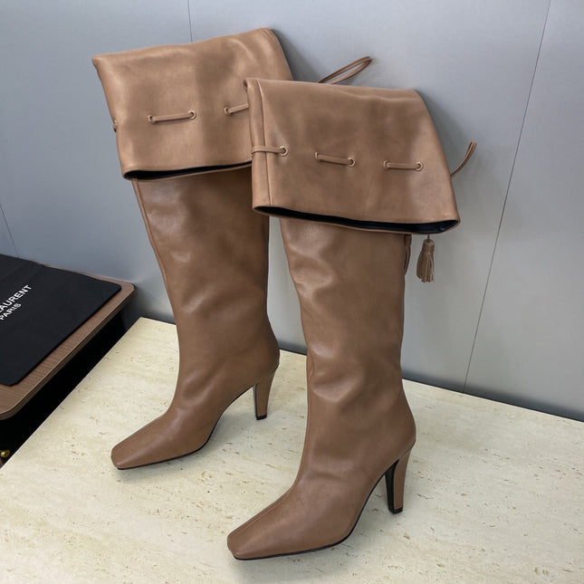 YSL 25S HIGH‑HEEL FRINGED MARTIN BOOTS 90 MM IN CHESTNUT BROWN LAMBSKIN