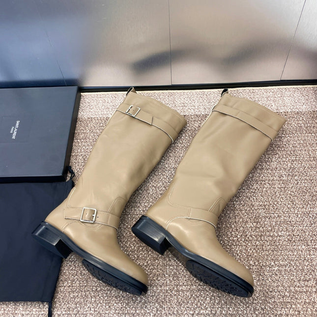 YSL 25S KNEE-HIGH BOOTS 30 MM IN BEIGE LAMBSKIN WITH SILVER HARDWARE