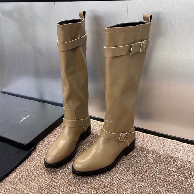 YSL 25S KNEE-HIGH BOOTS 30 MM IN BEIGE LAMBSKIN WITH SILVER HARDWARE