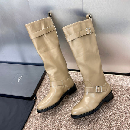 YSL 25S KNEE-HIGH BOOTS 30 MM IN BEIGE LAMBSKIN WITH SILVER HARDWARE