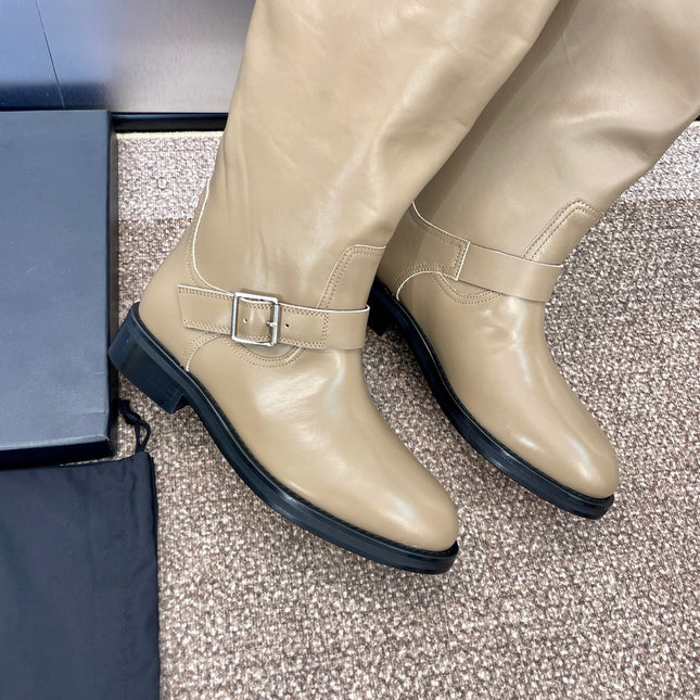 YSL 25S KNEE-HIGH BOOTS 30 MM IN BEIGE LAMBSKIN WITH SILVER HARDWARE