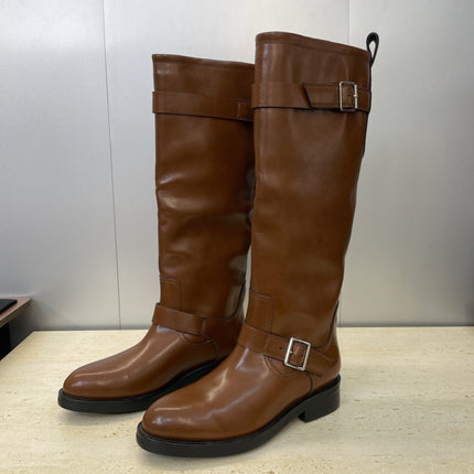 YSL 25S KNEE-HIGH BOOTS 30 MM IN BROWN LAMBSKIN WITH SILVER HARDWARE