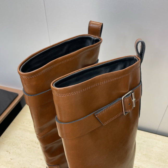 YSL 25S KNEE-HIGH BOOTS 30 MM IN BROWN LAMBSKIN WITH SILVER HARDWARE